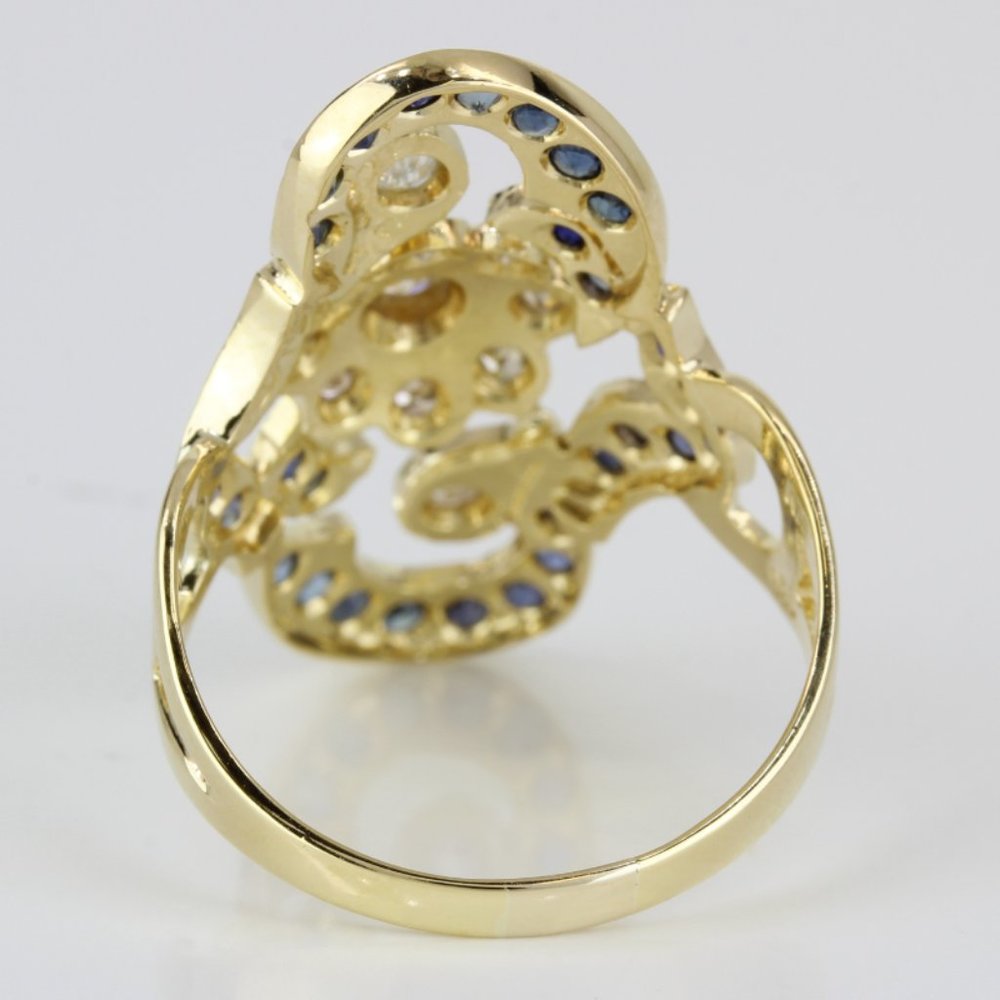 18k Yellow Gold Diamond & Blue Sapphire Flower Floral Anniversary Statement Ring - Picture 5 of 8